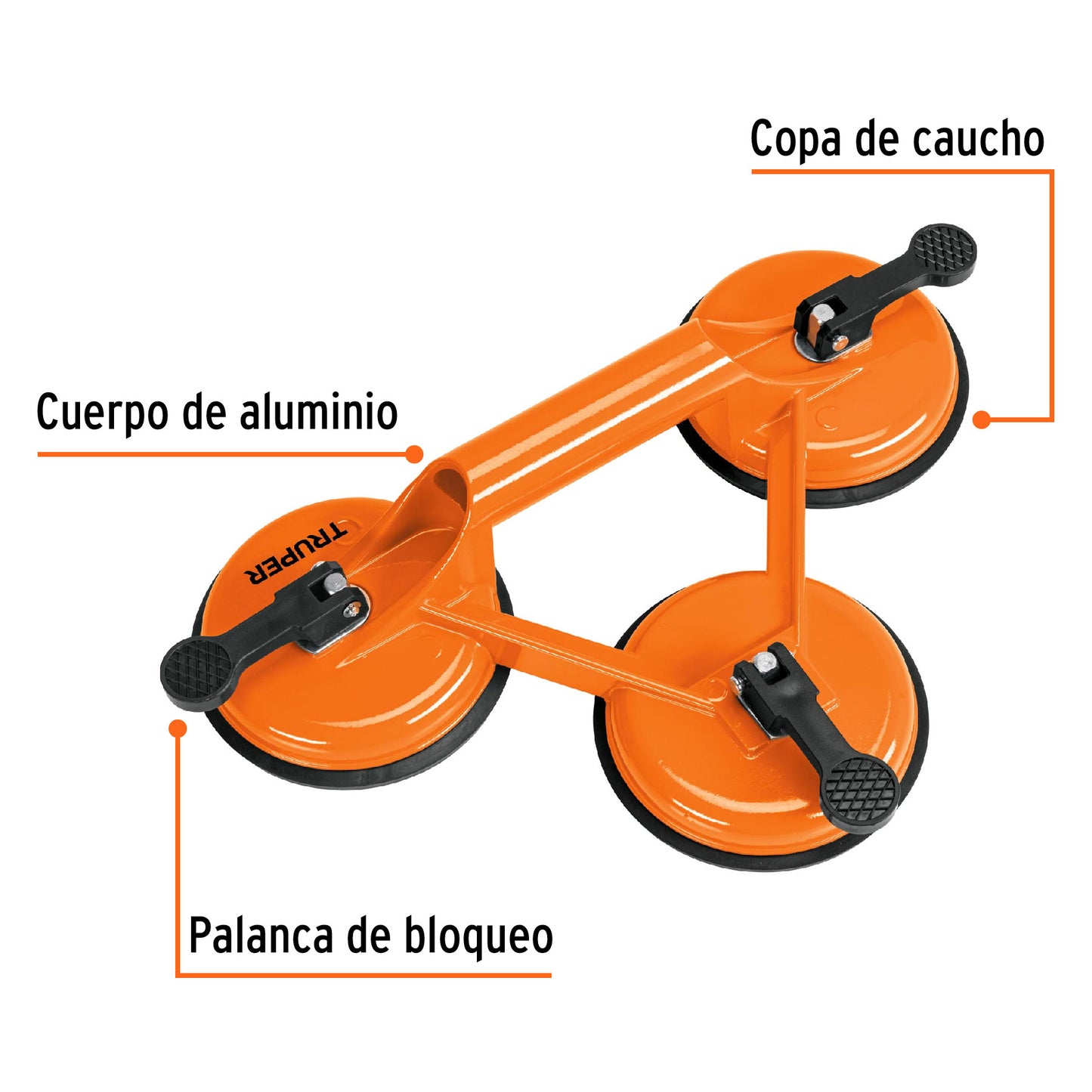 Ventosa de aluminio para vidrio, 3 copas de succión, Truper VEVI-3A 100762 MM00