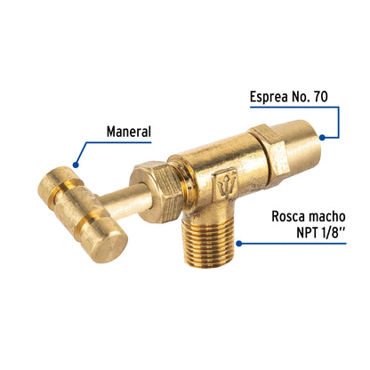 Válvula horizontal de latón 1/8' para gas LP, con maneral VGH-555 49976 MM00