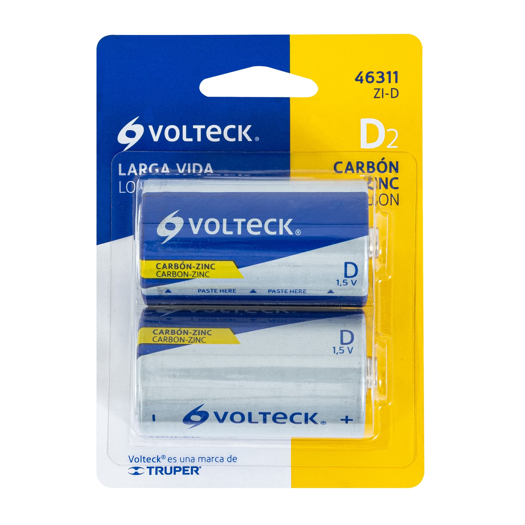 Blíster con 2 pilas zinc-carbón tamaño D, volteck ZI-D 46311 MM00